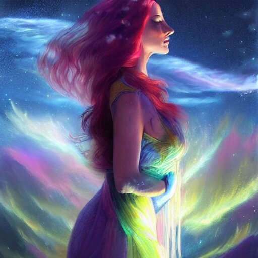 a fantastic vibrant mixed pastels 3 d painting of a somber female sorceress under a cloudy rainstorm weather, anaglyphy effect, cgsociety # conceptart cg, # oc, by vanessa lemen by charlie bowater by jeff easley by stephanie hans in deep space by ross tran by vanessa lemen by nasa hubble space telescope images 