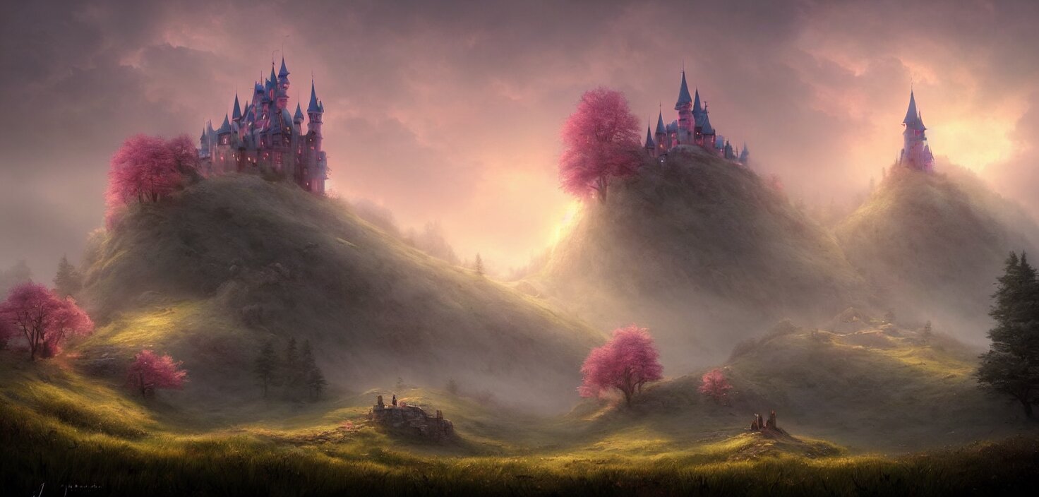 a fairytale castle on a hill in the forest pink fog envelops the castle landscape, cinematic view, epic sky, detailed, concept art, low angle, high detail, warm lighting, volumetric, godrays, vivid, beautiful, trending on artstation, by jordan grimmer, huge scene, grass, art greg rutkowski 