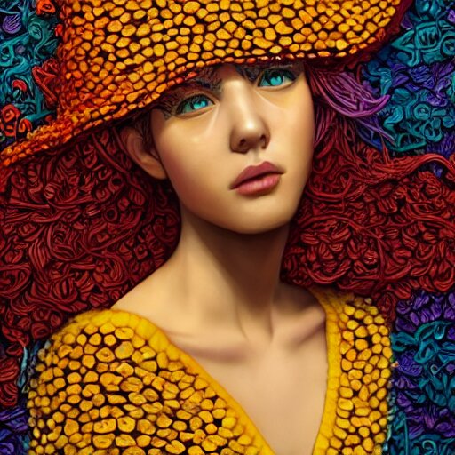 the portrait of a beautiful young woman partially made up of peppers of all colors, an ultrafine detailed illustration by james jean, intricate linework, bright colors, final fantasy, behance contest winner, vanitas, angular, altermodern, unreal engine 5 highly rendered, global illumination, radiant light, detailed and intricate environment 