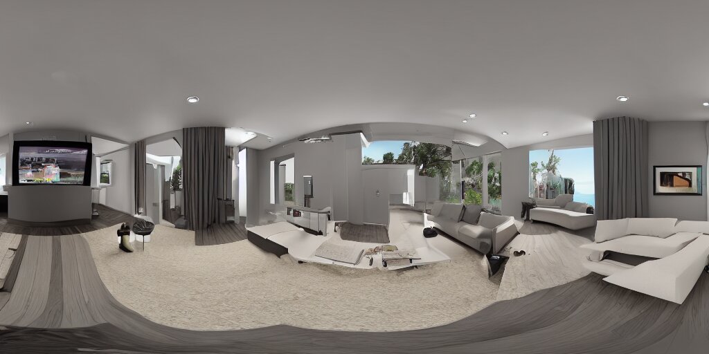 Equirectangular GoPro VR render of a modern living room, natural colors, ambient occlusion, national geographic, 8k uhd