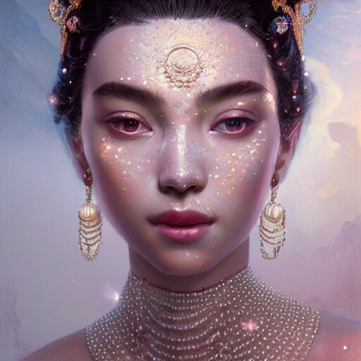 a beautiful portrait of a pearl goddess with glittering skin by greg rutkowski and raymond swanland, trending on artstation, ultra realistic digital art 