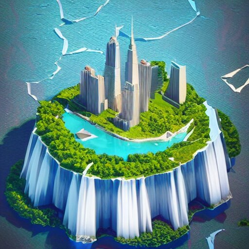 low poly art of a round floating island in the sky with the skyscrapers of New York on it, surrounded by waterfalls, isometric art, 3d render, ray tracing, high detail, artstation, concept art, behance, smooth, sharp focus, ethereal lighting, unreal engine 5