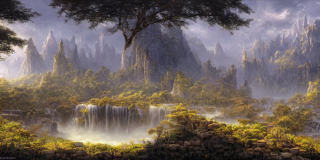 Fantastical open landscape by Ted Nasmith, elven city, pools of magical water, digital painting, concept art, landscape