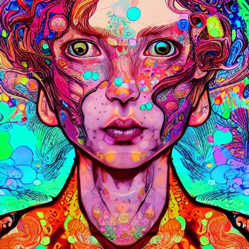 girl with mushrooms, expressive digital art, psychedelic, lsd, by yoshitaka amano, by dan mumford, close - up portrait, trending on artstation, 4 k 