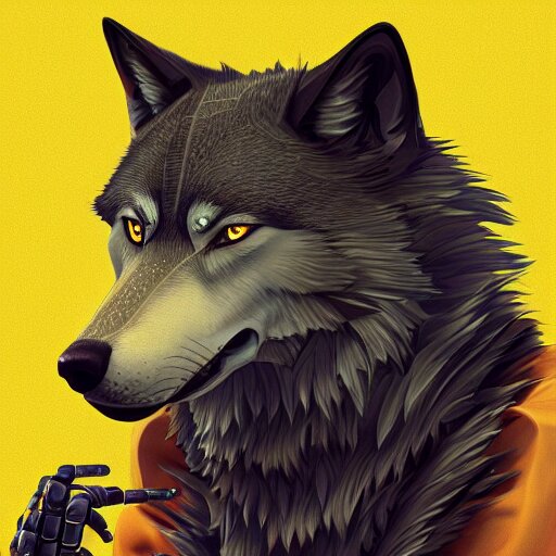 a robotic wolf smoking a cigarette vibrant lighting, elegant, highly detailed, smooth, sharp focus, illustration, beautiful, geometric, trending on artstation, full body, cinematic, artwork by borovikovsky 