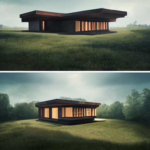 rectangular modernist house inspired by a tibetan palace, surrounded by thick collumns, two levels, in a field, big trees, clouds, dramatic lighting, artstation, matte painting, raphael lacoste, simon stalenhag, frank lloyd wright, drone view 