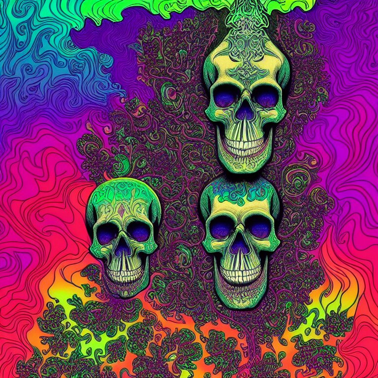 psychedelic skull infinite fractal worlds bright neon colors highly detailed cinematic eyvind earle tim white philippe druillet roger dean lisa frank aubrey beardsley 