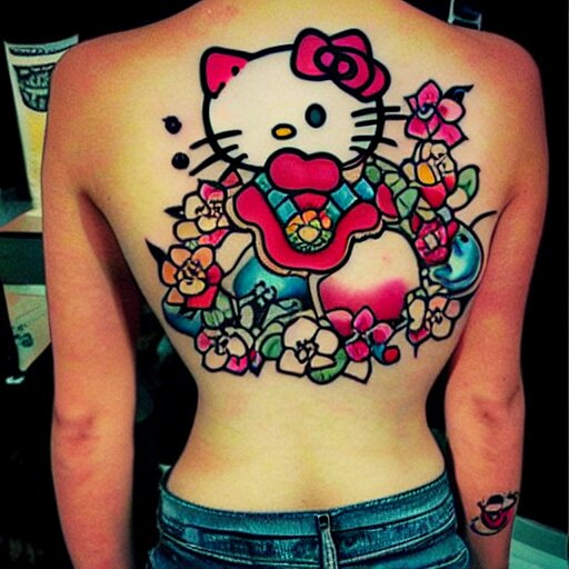 beautiful gorgeous tattoo art of hello kitty, extremely intricate, professional art, striking pose, amazing 