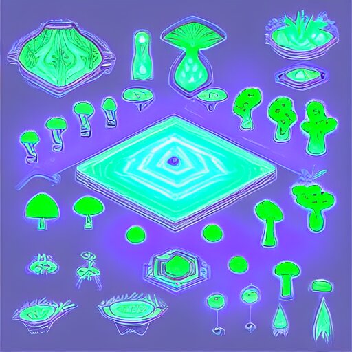 concept art 2 d game asset of furniture with an organic isometric design based on bioluminescent alien - like plants inspired by the avatar's bioluminescent alien nature. around the furniture, we can see plants that glow in the dark. all in isometric perspective and semi - realistic style item is in a black background colorful neons surrealistic masterpiece 