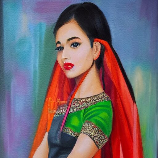 a beautiful oil painting of cute girl wearing modern stylish costume in the style of Assamese bihu mekhela sador gamosa design, commercial fashion design art concept