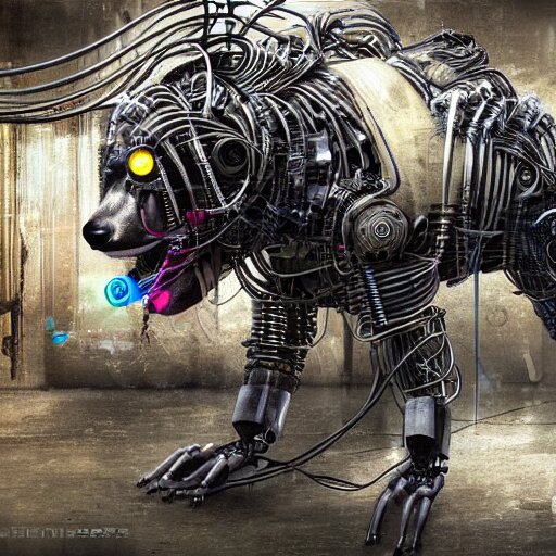 robotic cyberpunk hyena, many wires and metal exposed, realistic photo, bladerunner 