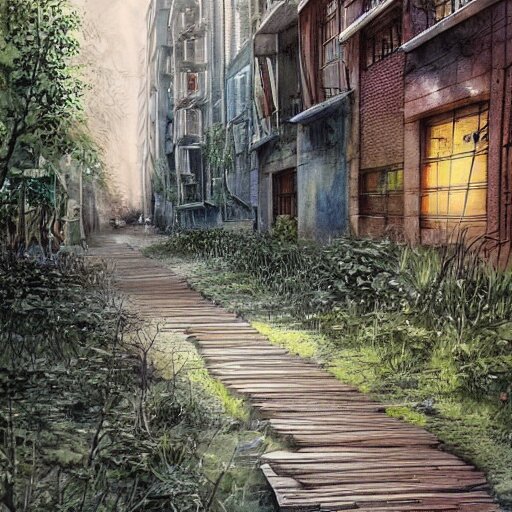 Wooden footpath next to narrow canal between buildings in beautiful overgrown futuristic sci-fi city in harmony with nature. Nice colour scheme, soft warm colour. Beautiful detailed watercolor by Lurid. (2022)