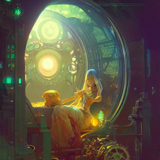 a highly detailed digital image of an imagination machine, concept art, artstation, cgsociety, very detailed, intricate, detailed illustration, by greg rutkowski and alphonse mucha, Paul Lehr and Beeple, iridescent accents, ray tracing, product lighting, sharp, smooth, masterpiece