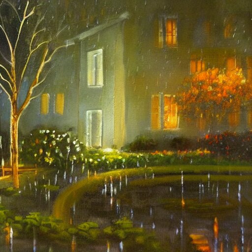 a painting of rain in a garden at night 