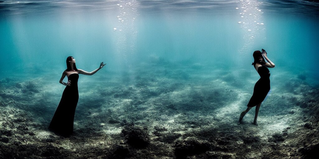 deep underwater photography of beautiful model in flat dress concert hall by emmanuel lubezki 