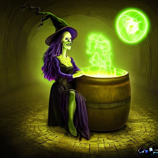 a portrait of a scary ugly witch that is brewing a wicked potion in her cauldron that is marked with magical symbol that are glowing, highly detailed, digital photo, hdri, by christopher bretz and john carpenter, vivid colors, high contrast, 8 k resolution, intricate, photorealistic, smooth, psychedelic color scheme, concept art, award winning, cg society contest winner 