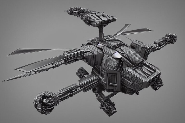 concept art of a futuristic helicopter, in gunmetal grey, extremely symmetrical, blueprint schematics, top down view, bottom view, side view, aggressive panels, mecha inspired, russian chopper, minigun turret, robotic, highly detailed, artstation, pinterest, super realistic, houdini 3 d, octane render 