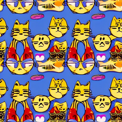 pattern made of several repeating cats wearing sunglasses. cartoon. colorful. cute. 