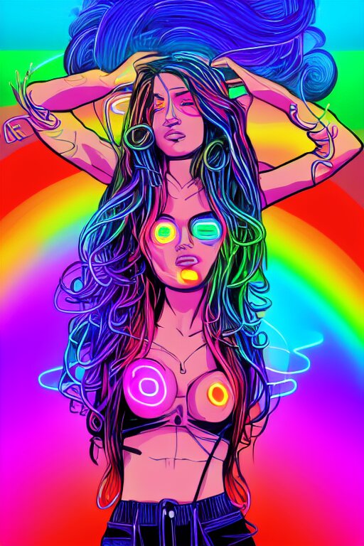 a award winning half body portrait of a beautiful woman with stunning eyes in a croptop and cargo pants with rainbow colored hair, routlined by whirling illuminated neon lines, fine rainbow colored lines swirling in circles, outrun, vaporware, shaded flat illustration, halftone, digital art, trending on artstation, highly detailed, fine detail, intricate 