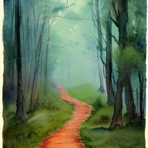 a beautiful watercolor painting of a misty hollow with a winding path through an appalachian pine forest at dawn, godrays, mystical, deep shadows, epic scale 