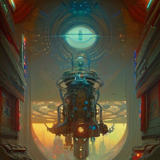 a highly detailed digital image of an imagination machine, concept art, artstation, cgsociety, very detailed, intricate, detailed illustration, by greg rutkowski and alphonse mucha, Paul Lehr and Beeple, iridescent accents, ray tracing, product lighting, sharp, smooth, masterpiece