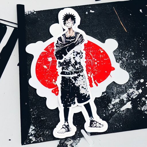 die cut sticker, luffy in techwear, splatter paint 