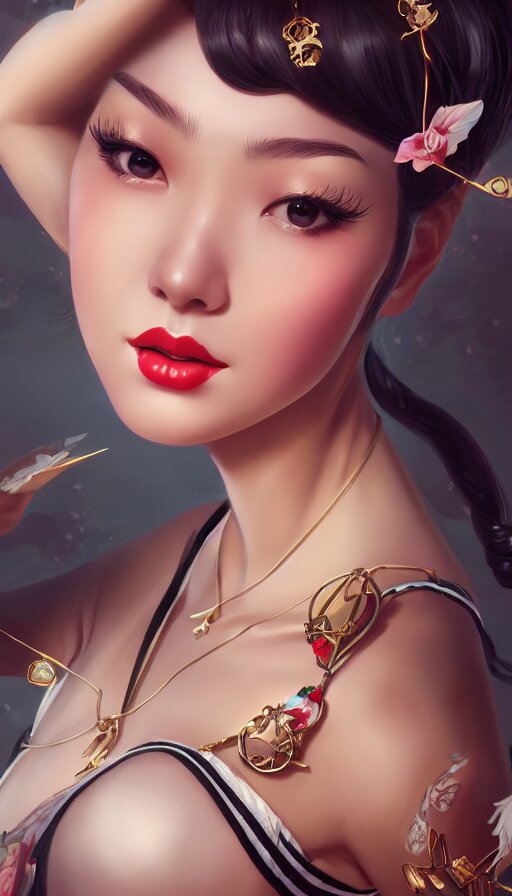 a pin up and beautiful fashion and charming and dreamlke asian girl with lv jewelry, medium shot, art by artgerm & ross tran & wlop, hyperdetailed, 8 k realistic, symmetrical, frostbite 3 engine, cryengine, dof, trending on artstation, digital art 