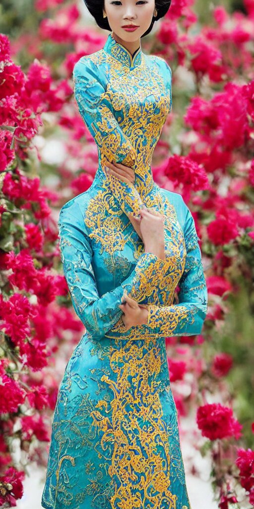 beautiful vietnamese woman wearing vietnamese ao dai, intricate, detailed, symmetric face 