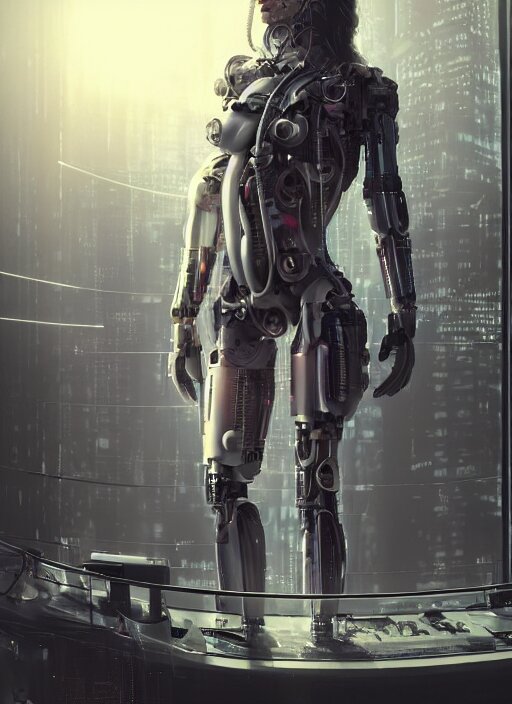 Ultra realistic full shot of a cyborg woman in a glass cylinder with electrical cables cables and mechanical arms that fix it., cyberpunk,sci-fi, fantasy,Kodak , soft light, volumetric lighting, ,night, fog ,smoke, intricate, elegant, highly detailed, digital painting, artstation, concept art, smooth, sharp focus, illustration,art by artgerm and greg rutkowski and alphonse mucha