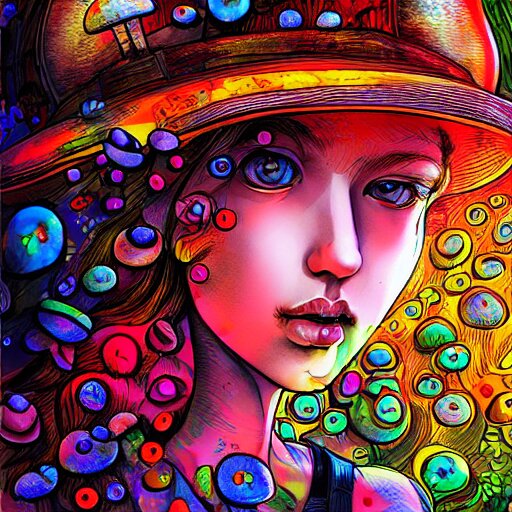 girl with mushrooms, expressive digital art, psychedelic, lsd, by yoshitaka amano, by dan mumford, close - up portrait, trending on artstation, 4 k 