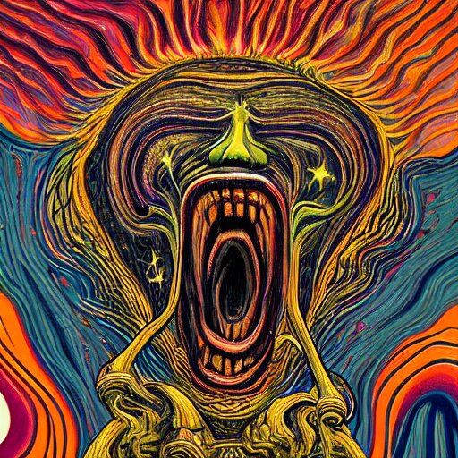 a hyper - detailed fine painting of the scream of paranoia and funny pain, cosmic horror psychedelic weird bizarre art 