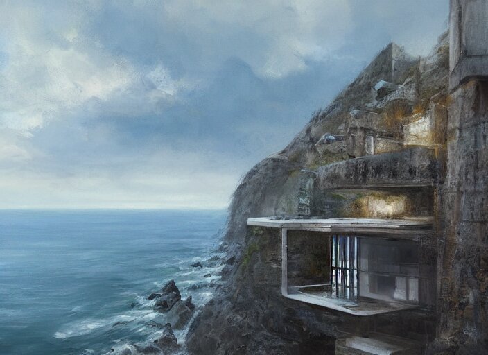 brutalist house, coastal perched on a cliff overlooking a magnificient bay, concept art oil painting by Jama Jurabaev, extremely detailed, brush hard, artstation