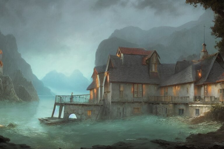 submerged underwater!!!! on the ocean floor, a typical european house with a slate roof, school of fishes, scenic view, matte painting by christophe vacher and hubert robert, trending on artstation 