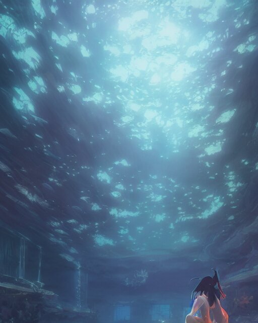 Under Water, Full shot, Atmospheric lighting, By Makoto Shinkai, Stanley Artgerm Lau, WLOP , Rossdraws, James Jean, Andrei Riabovitchev, Marc Simonetti, krenz cushart, Sakimichan, D&D trending on ArtStation, digital art.