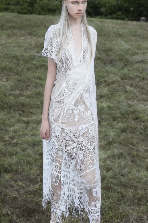 antediluvian crystal atlantean hyperborean avant garde fashion lace dress with natural pattern motifs, young white - blonde model, sharp focus, outdoors, godray lighting 