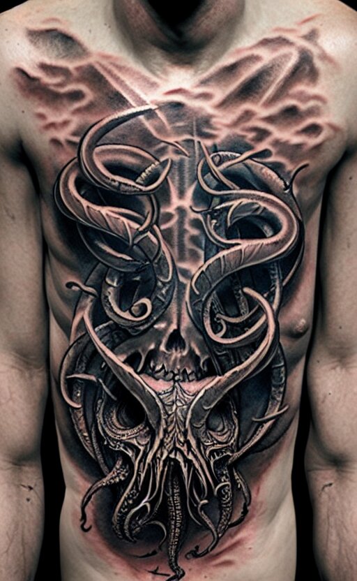 chest tattoo cthulhu by greg rutkowski, by giger, by maxim verehin 