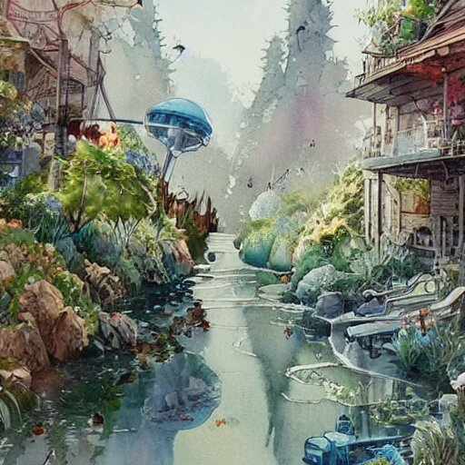 Beautiful happy picturesque charming sci-fi town in harmony with nature. Beautiful light. Water and plants. Nice colour scheme, soft warm colour. Beautiful detailed artistic watercolor by Vincent Bons. (2022)