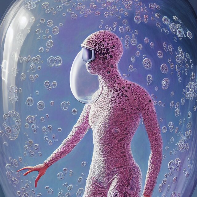 realistic extremely detailed  photo style  painting of a bifurcated astronaut eva suit covered in  diamond 3d fractal lace iridescent bubble 3d skin +, camera appendage stalks+helmet clear brain case see through ,in a jumping float pose inside of a futuristic space station blobby holograpic shrink wrap bubble,
,opal ruby diamond iridescent fractal lace bubble materials,alternate reality ceramic age,
monolithic retro futuristic ,water , by style hybrid mix of beeple+Anton Pieck+Jean Delville+ Amano,Yves Tanguy+ Alphonse Mucha+ Ernst Haeckel+ Edward Robert Hughes+Stanisław Szukalski covered with compound eye camera lenses,neutron,
rich moody colors,diamond dust glitter and sparkles, granular detail,holographic krypton ion,blue eyes,octane render,4k,
f32,55mm photography,wide angle ,jumping float Pose,full shot,  