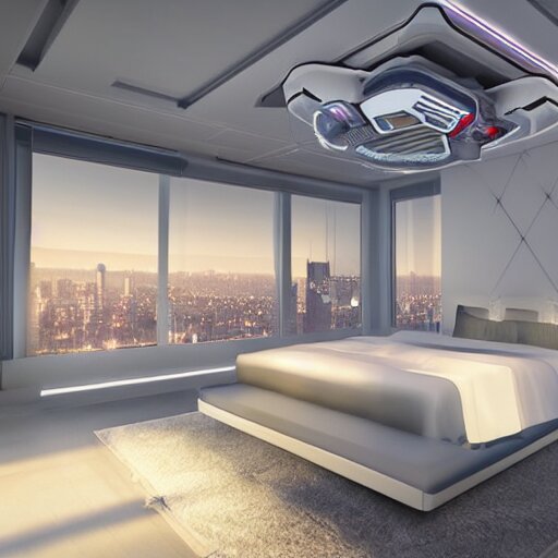 a futuristic luxury white bedroom with ceiling high windows looking out to a cyberpunk cityscape with flying cars, night time, neon lights, cinematic 3d render