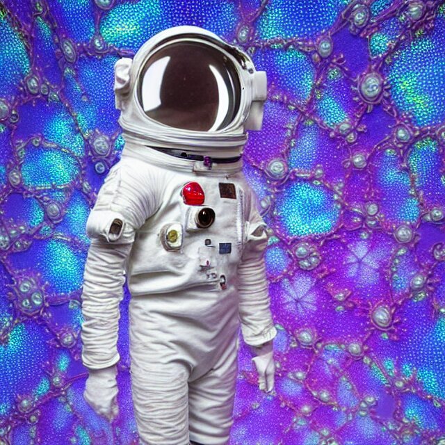 realistic extremely detailed  photo style  painting of a complete  astronaut suit with exposed diamond 3d fractal lace iridescent bubble 3d skin clear brain+ ,holding a sparkle plasma sniper rifle oscilloscope, and in a jumping float pose inside of a futuristic space station
,opal ruby diamond iridescent fractal lace bubble materials,chelate appendages barnacles,
monolithic retro futuristic ,water , by style hybrid mix of beeple+Anton Pieck+Jean Delville+ Amano,Yves Tanguy+ Alphonse Mucha+ Ernst Haeckel+ Edward Robert Hughes+Stanisław Szukalski covered with compound eye camera lenses,ambient occlusion,
rich moody colors,diamond dust glitter and sparkles, granular detail,holographic krypton ion,blue eyes,octane render,4k,
f32,55mm photography,wide angle ,jumping float Pose,full shot,  