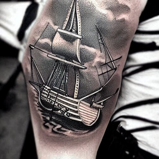 realism tattoo design of a pirate ship, by Matteo Pasqualin tattoo artist