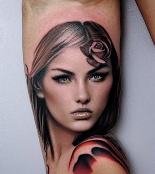 tattoo design on white background of a beautiful girl warrior, roses, hyper realistic, realism tattoo, by eliot kohek, beautiful eyes, realistic face, black and white 