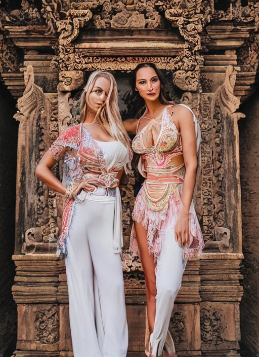 portrait of lindsey pelas and gal gadot wearing kebaya in bali temple, by charlotte grimm, natural light, detailed face, beautiful features, symmetrical, canon eos c 3 0 0, ƒ 1. 8, 3 5 mm, 8 k, medium - format print, half body shot 