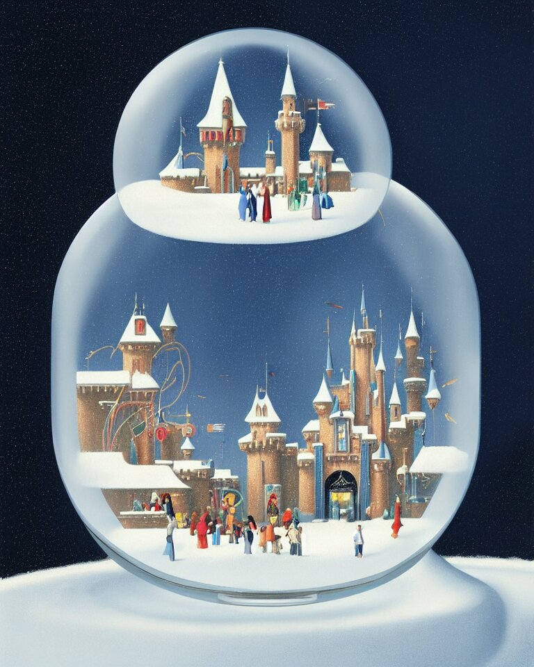 an achingly beautiful print of one modernist, cylindrical snow globe with disneyland inside by raphael, hopper, and rene magritte. detailed, proportional, romantic, vibrant, enchanting, trending on artstation 