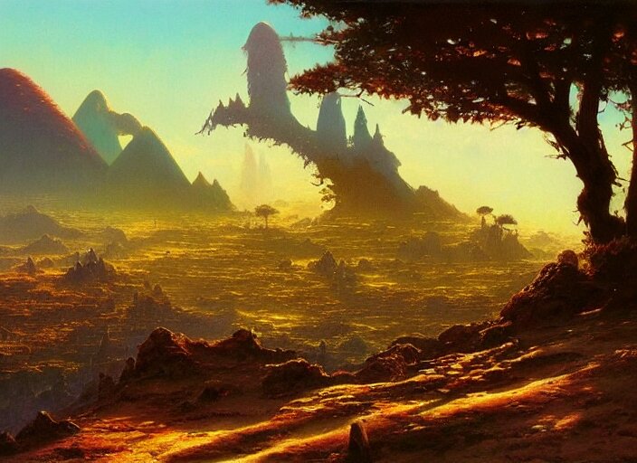 The ash lands of Morrowind by Bruce Pennington, fantasy landscape, oil painting, 8k, featured on artstation, elegant, intricate