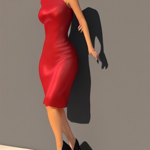 woman, red short dress, black hair, by milo manara, 3 d render, red high heels, face, house, high - poly 