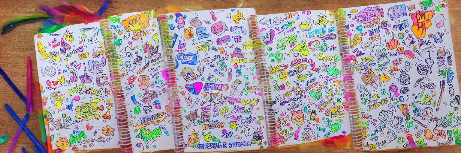 a school notebook covered in doodles, stickers, glitter, and holographic stickers