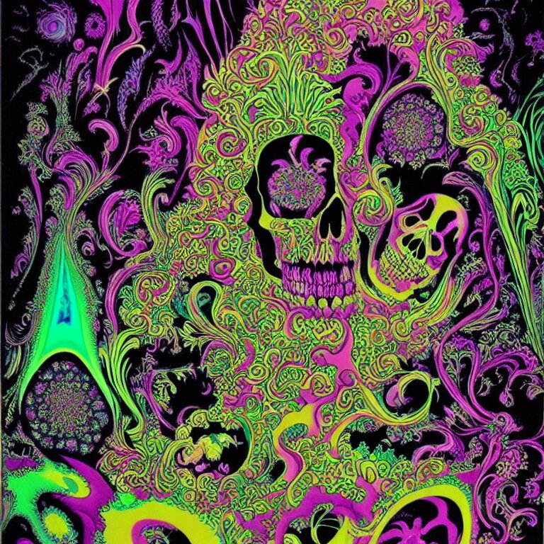 psychedelic skull infinite fractal worlds bright neon colors highly detailed cinematic eyvind earle tim white philippe druillet roger dean lisa frank aubrey beardsley 