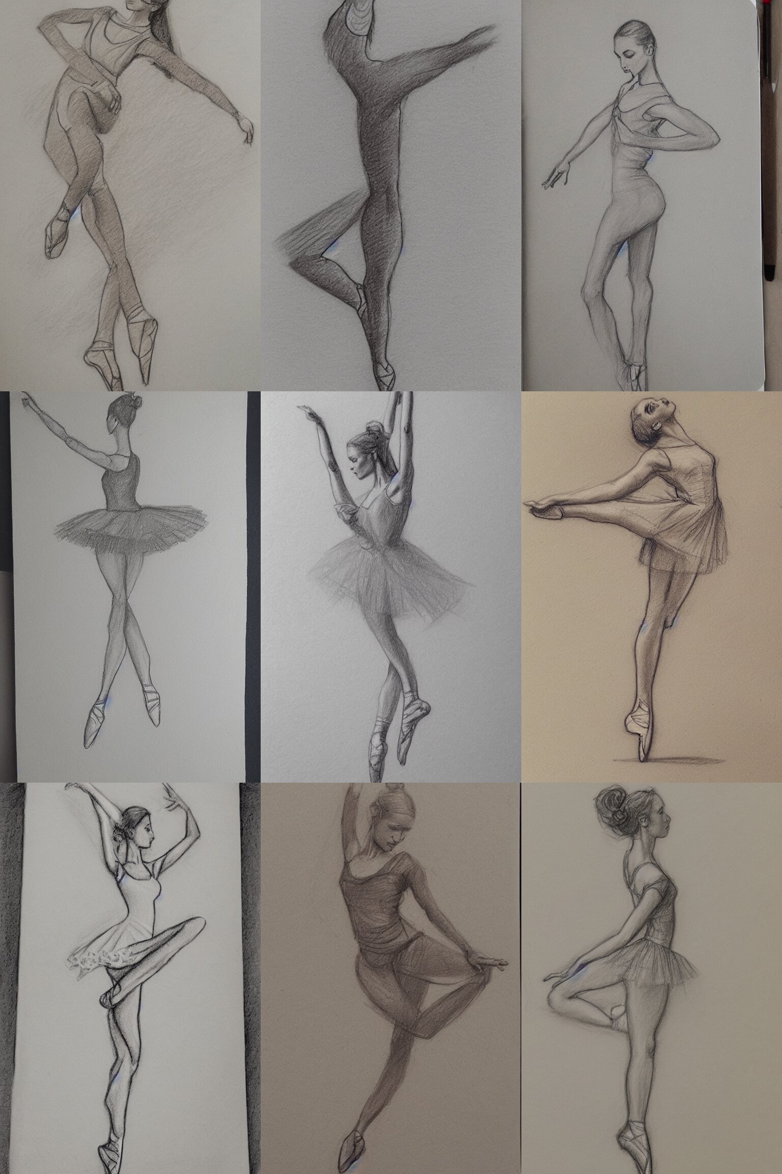 a loose pencil sketch of a female ballet dancer, sketchbook, toned paper