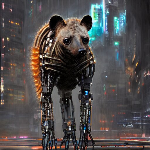 robotic cyberpunk hyena, many wires and metal exposed, realistic photo, bladerunner 